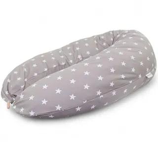 HOBEA-Germany Stillkissen 190 cm x 76 cm XXL Lagerungskissen Schwangerschaftskissen für Baby und Erwachsene Seitenschläferkissen Stillkissen mit Bezug aus Bio Baumwolle, Grau mit Weißen Sternen