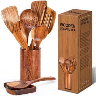 Kochlöffel Set Holz, 9 Stück Holz Kochbesteck Set mit Halter, Pfannenwender Kochlöffel Schöpfkelle Nudelheber Servierlöffel Sieb, Holzkochlöffel 100% aus Natürlichem Teakholz - Küchenhelfer Set