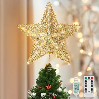 Luxspire Weihnachtsbaumspitze, Glitzern Christbaumspitze mit USB Betrieben, Timer und Fernbedienung Weihnachtsbaumspitze Stern Beleuchtet Weihnachtsdeko, Gold
