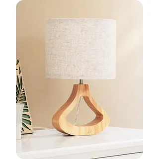 EDISHINE Nachttischlampe aus Holz, Tischlampe mit E27 Leuchtmittlel, Lampenschirm aus Leinen, mit Kabel, Moderne Beige Tischleuchte Vintage für Wohnzimmer, Schlafzimmer, Landhausstil [Energieklasse F]