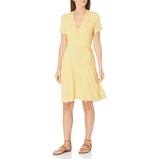 Amazon Essentials Damen Kurzärmliges Kleid mit Wickeloptik, Gelb Tulpen, XL