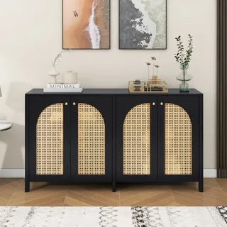 Modernes Sideboard im minimalistischen Stil 4-Rattantür, Metallgriff einfaches Buffetschrank für Esszimmer, Wohnzimmer, Küche - Schwarz