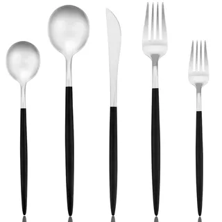 20 Stück Besteck Edelstahl Geschirr Set Geschirr Set Besteck Set inklusive Messer Gabeln Löffel Service für vier Personen schwarz und Silber 18/10 (4 Sätze)