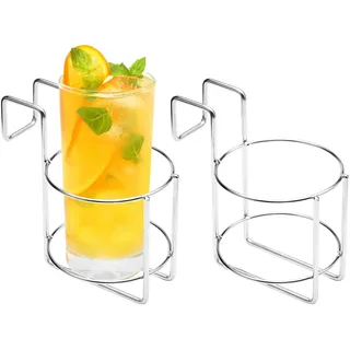WOKICOR 2 Stück Getränkehalter Strandkorb, Becherhalter Edelstahl Ø9,5cm mit Haken, Flaschenhalter für Bier, Wein & Gläser, Strandkorb Zubehör ohne Bohren, Silber