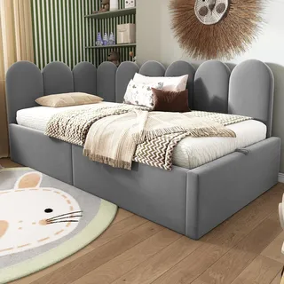 FAVSH Ausziehbett, Tagesbett Ausziehbar Polsterbett Daybett 90x200cm, Große Lagerung Schubladen, Kinderbett mit Lattenrost, Samt, Geeignet für Teenager und Kinder(ohne Matratze )(Gray)