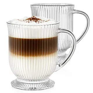 KEMORELA 2er Set 480ml Geriffelte Glasbecher mit Henkel – Teegläser mit Griff für Kaffee, Matcha Latte, Iced Coffee & Smoothies – Dickwandige Trinkgläser