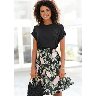 Jerseykleid BUFFALO "mit Rüsche in der Taille und bedrucktem Rock", Damen, Gr. 38, N-Gr, bunt (schwarz, rosa, bedruckt), Jersey, Obermaterial: 100% Viskose, bedruckt, unifarben, figurumspielend kniefrei, Rundhals, Aufschlag, Kleider Jerseykleid, kurzes Sommerkleid, Shirtkleid, Strandkleid, Viskosekleid, Topseller