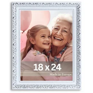 Victor Vintage Bilderrahmen „Rubens“ in 18x24 cm Weiß Silber - Leiste: 30x20mm - Echtglas - Fotorahmen Barock - Antik - Bilderrahmen 18x24 Weiß