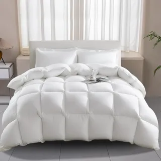 Wellos Daunendecke 135x200 Ganzjahres 100% Baumwolle, 4 Jahreszeiten Bettdecken 135 x 200 mit Gänsedaunen und Federn, Daunenbettdecke High Fluffy 3D Baffle Box für mittlere Wärme