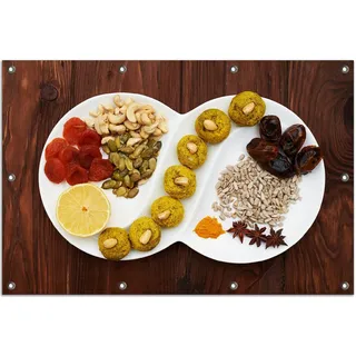 Wallario Outdoor-Poster für Garten oder Balkon, Motiv Trockenfrüchten und Nüssen - Gesundes zum Knabbern, in ca. 80 x 120 cm - Braun