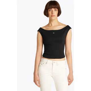 Tanktop TOMMY JEANS "TJW BOAT NECK TOP SS EXT", Damen, Gr. XXL (44), schwarz, Single Jersey, Obermaterial: 95% Baumwolle, 5% Elasthan, unifarben, slim fit kurz, U-Boot-Ausschnitt, Tops Tanktop, mit Logostickerei