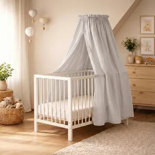 Babykajo Betthimmel Babybett Set mit vormontierter Himmelstange - Musselin Baldachin 135 cm zum Anklemmen - Babybett Himmel ohne Bohren mit Mobile-Schlaufe - Oeko-TEX® - Hellgrau