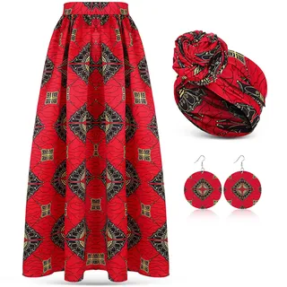 3 Stück afrikanischer Rock für Damen, bedruckt, Maxirock, lange Röcke mit Taschen, Boho-Stil, lässiges Kleid, Kopfwickel, Schal, baumelnde Ohrringe, Mehrfarbig, Mittel