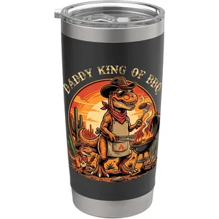 Lustiger T-Rex-Dinosaurier für Herren, Aufschrift "Daddy King Of BBQ", Vatertag Doppelwandiger Edelstahl-Thermobecher
