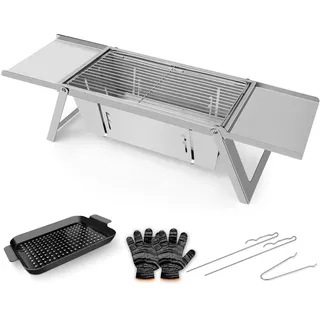E EASTSTORM Camping Grill, Klappgrill Holzkohlegrill mit 4-stufiger Hitzeverstellung, Mini Tischgrill für 4-6 Personen, Ideal für Garten, Balkon, Strand & Reise, leicht zu reinigen, 54x21x17.5cm