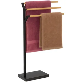 Relaxdays Handtuchständer, HBT: 75 x 38,5 x 18 cm, Metall, Bambus, 3 Stangen, Handtuchhalter stehend, Bad, schwarz/Natur