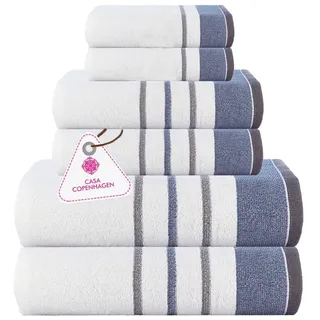 Casa Copenhagen White Bay-Handtuch aus 600 g/m2 ägyptischer Baumwolle für Hotel, Spa, Küche und Bad, 6-teiliges Set mit 2 Bädern, 2 Händen, 2 Waschlappen –Weiß mit Blauem & Grauem Rand