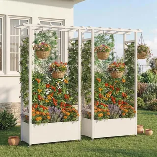 Hochbeet mit Rankgitter und Hängedach, freistehender Metall-Pflanzkasten mit Rollen, mobiler Pflanzkasten für drinnen und draußen für Kletterpflanzen, Blumen, für Garten, Terrasse und Hof