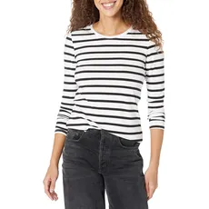 Amazon Essentials Damen Langärmeliges T-Shirt mit Rundhalsausschnitt, Klassischer Schnitt (Erhältlich in Übergröße), Schwarz/Weiß Streifen, S