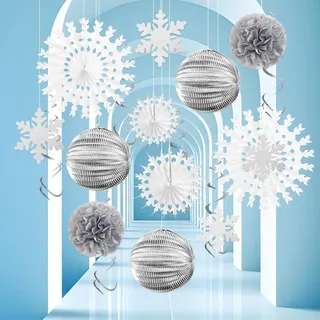 SUNBEAUTY 19 Stück Weihnachten Schneeflocken Dekorationen Hängende Schneeflocken Wirbel Papier Fächer Seidenpapier Pompom Silberne runde Papierlaternen für Winter Urlaub Wunderland christmas