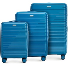 WITTCHEN FUERTA Line Kofferset Hartgepäck Erweiterbar Koffer Gepäck aus Polypropylen mit glänzenden Riemen 4 Doppel Lenkrollen Aluminium Teleskopgriff TSA Schloss Größe (S+M+L) Blau