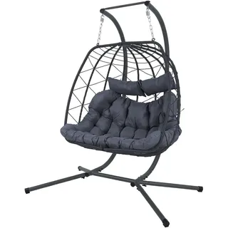 Doppel Twin Rattan Geflecht Korb Hängesessel m Gestell Dicker Poster | Modell KORFU, Inkl. großem dickem Polster, Indoor und Outdoor, Komplett-Set - Schwarz