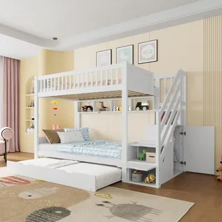 Etagenbett - 90 x 200 cm , Weiß , Kiefernholz und Metall , mit Kleiderschrank , mit Ausziehfunktion , ohne Matratze - Weiß