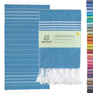 WETCAT Vorgewaschenes Super weiches türkisches Handtuch, 100% Baumwolle, Stranddecke, Pestemal, Fouta, Überwurf – für Bad, Strand, Pool, Picknick, Yoga, Reisen, 94 x 178 cm – Katze Katze Basic Blue