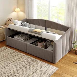 Flieks Tagesbett Schlafsofa 90x200cm mit Stauraum, Polsterbett Daybed mit Lattenrost, Sofabett mit Arm- und Rückenklehne, Stauraumbett Samt, Grau - Grau