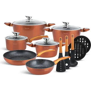 Schöne orange Topfset mit Kasserolle, Pfannen, Glasdeckel, Küchengeräte, 15 tlg - Kupfer
