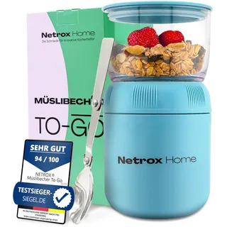 NetroxHome – Müslibecher To Go mit Löffel, auslaufsicher Joghurtbecher aus Edelstahl, Lunch Box, Müsli Becher – für Joghurt Porridge Essen