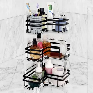 Belle Vous (3er Pack) Duschablage Ecke Ohne Bohren mit Haken - Selbstklebendes Duschregal Ecke aus Eisen - Eckablage Dusche für Seife, Shampoo oder Küchenaufbewahrung