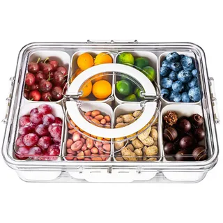 Snackbox mit 8 Fächern und Deckel - Tragbare Snackschale mit Griff, Luftdicht, Spülmaschinenfest & BPA-frei. Transparenter Snackteller für Obst, Nüsse, Süßigkeiten, Picknick, Reise & Party (Creamweiß)