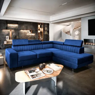 Masseno Ecksofa NOLA R-S mit Schlaffunktion L-Form, Sofa mit Bettkasten, Wohnzimmersofa, Couch, Soffa, Bettsofa, Couchgarnitur- Blau, MONOLITH 77 - Blau