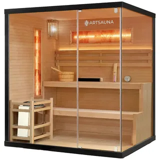 Artsauna Saunakabine Vantaa 175 mit Salzstein - Indoor Sauna 4 Personen, 8 kW Ofen, Glasfront,