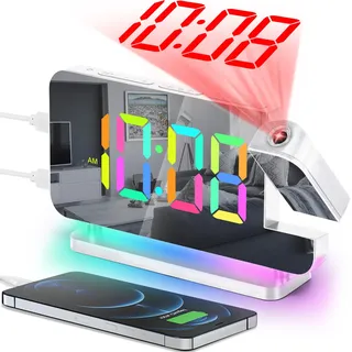 SZELAM Projektionswecker, 18.7 cm LED Spiegel Digitaluhren großes Display, mit 180° drehbarem Projektor, RGB Nachtlicht, USB C Anschluss, Moderne Schreibtischuhr für Schlafzimmer-Dekor – Weiß