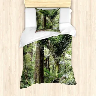 ABAKUHAUS Wald Bettbezug Set, Üppiges Laub Tropischer Dschungel Südamerikanisches Wachstum Unberührte Natur, 135 x 200 cm + 80 x 80 cm, Grün Braun - Grün, Braun