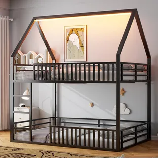 Sweiko 140x200 Haus-Etagenbett mit Zaun und LED-Licht, Schwarz - Schwarz
