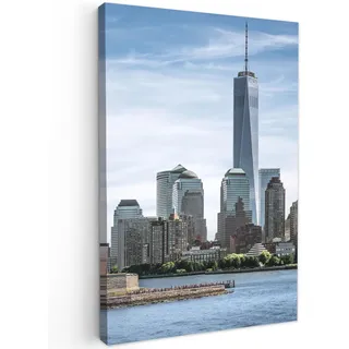 MuchoWow Leinwandbild New York - Freiheitsstatue - Wasser 60x90 cm , Hellblau , Textil , Kiefer , Rechteckig , 60x90 cm , FSC 100% , gerahmt , Bilder & Rahmen, Bilder, Leinwandbilder