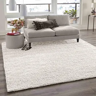 VIMODA Teppich Prime Shaggy Hochflor Einfarbig Weiss Creme Weich für Wohnzimmer, Schlafzimmer, küche, Maße:Ø 200 cm Rund