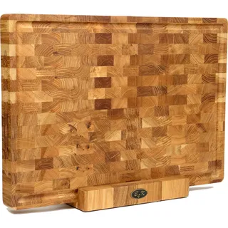 B4K® Schneidebrett mit Ständer aus Eiche Stirnholz 50 × 35 × 4 cm – Massiver Hackblock | Antibakterielles Hirnholzbrett mit Griffen, Saftrille & Silikonfüßen | Perfekt für Küche, Fleisch & BBQ