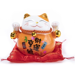 lachineuse - Katze Maneki Neko – Spardose Glücksbringer Japanisch – Traditionen aus Asien – Colori Orange – Porzellan – Dekorative und Geschenkidee Japan Asien – Schutz, Glück und Glück