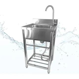 Spültisch freistehend, Wasserhahn mit Kalt Warm Anschluss, Spülbecken Größe M - Silber