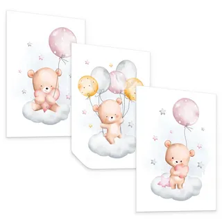 Muralo Poster SET für Kinderzimmer Teddybären Wolken Ballons Sterne 3x Poster A4 21x30cm , Rosa, Orange, Braun, Weiß, Beige, Grau , Papier , Tiere, Märchen/ Fantasie , Rechteckig , 21x30x1 cm , Bilder & Rahmen, Bilder, Sonstige Wandbilder