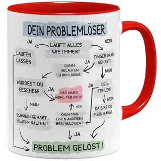 OM3® lustige Kaffee-Tasse mit Spruch - Problemlösung auf der Arbeit - Problemlöser - Keramik Becher - 11oz 325ml - Beidseitig Bedruckt - Rot