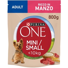 PURINA ONE Mini-Hundekroketten für Erwachsene, reich an Rindfleisch, mit Reis, für Hunde bis 10 kg, 8 Beutel mit je 800 g