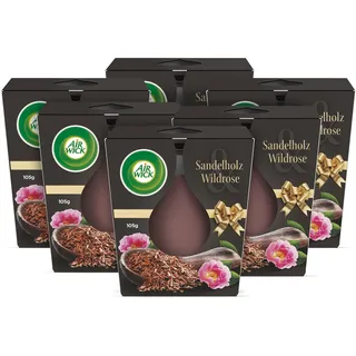 Air Wick Wohlfühl-Duftkerze im Glas – Duft: Sandelholz & Wildrose – Je bis zu 20 Stunden Brenndauer – Enthält natürliche ätherische Öle – 6 x 105 g Duftkerzenset