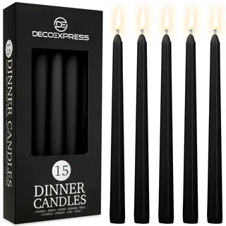 DECO EXPRESS Stabkerzen Set 6er, 10, 15 oder 50er, Lange Brenndauer bis zu 8 Std, Geruchslos (Schwarz - 15er-Pack)