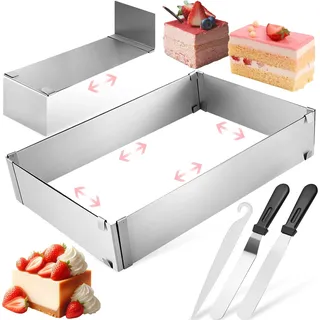 Verstellbar Rechteckig Backrahmen mit Abnehmbarer Teiler & 2 Spatel, Spülmaschinenfest Rechteckiges Backform, Wiederverwendbar Edelstahl Tortenring für Backen Kuchen, Pizza, Tiramisu & Mousse-Desserts