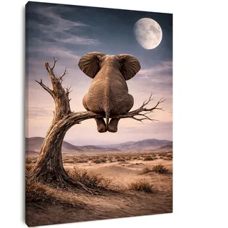 Alptiny Leinwandbild mit Rahmen 30x40 cm, Elefant Wandbild mit Mond und Wüstenlandschaft, Tier Wanddeko für Wohnzimmer Schlafzimmer Flur Büro, Bilder mit Rahmen mit Klettband und vormontierten Haken